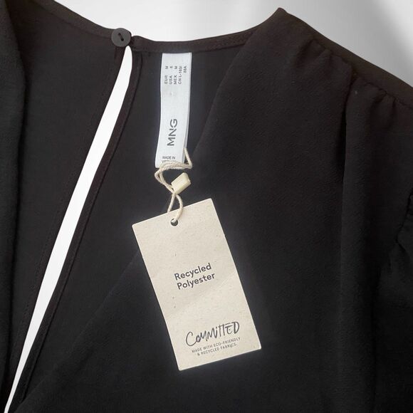 MNG by Mango Black Dress Women's Size M Short Ruched Long Sleeve Deep V Neck - Picture 10 of 12